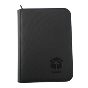 4 pocket card binder with side-loading pockets and zipper closure for TCG card storage